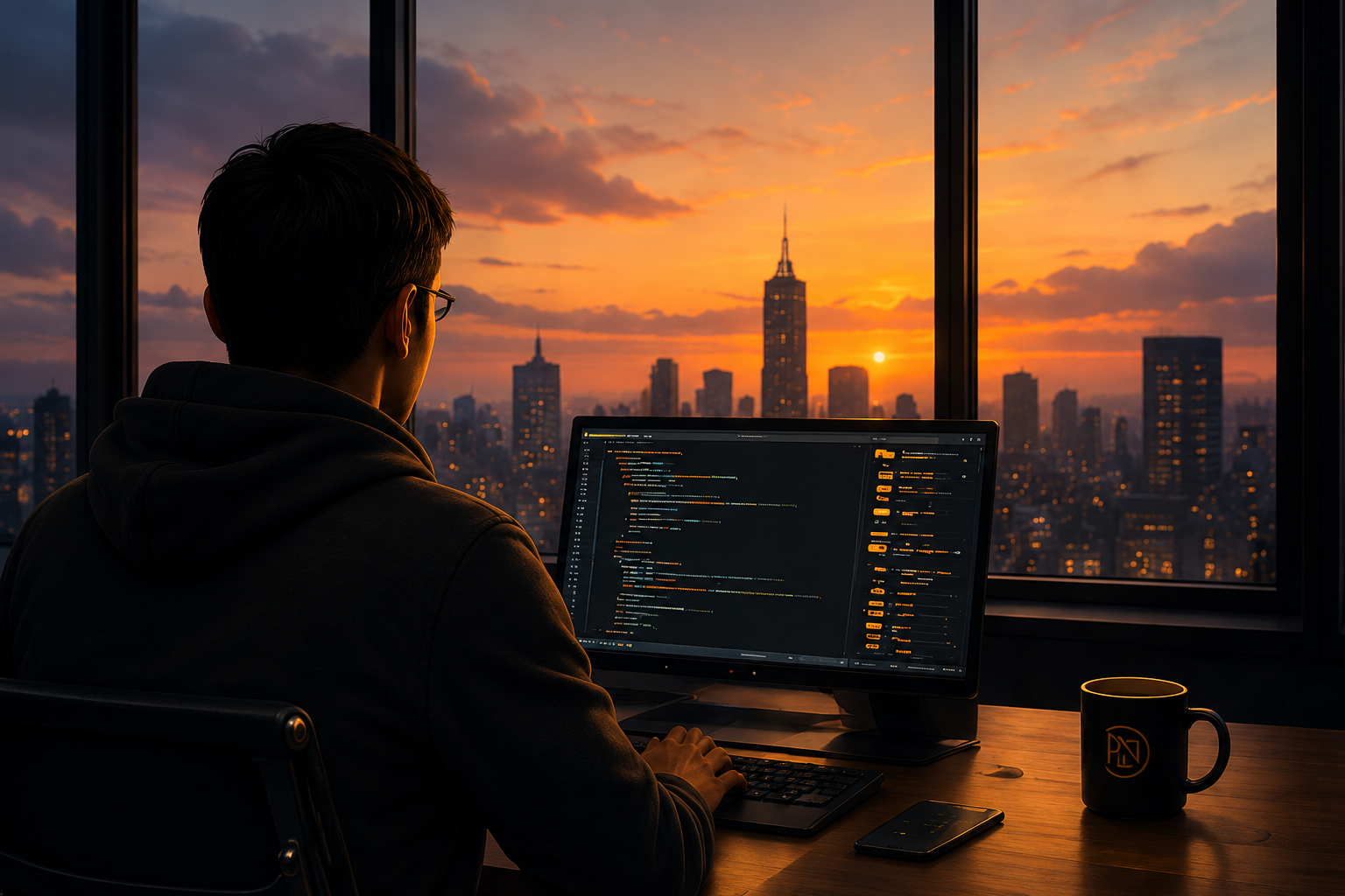 A developer building software while overlooking a city at sunset
