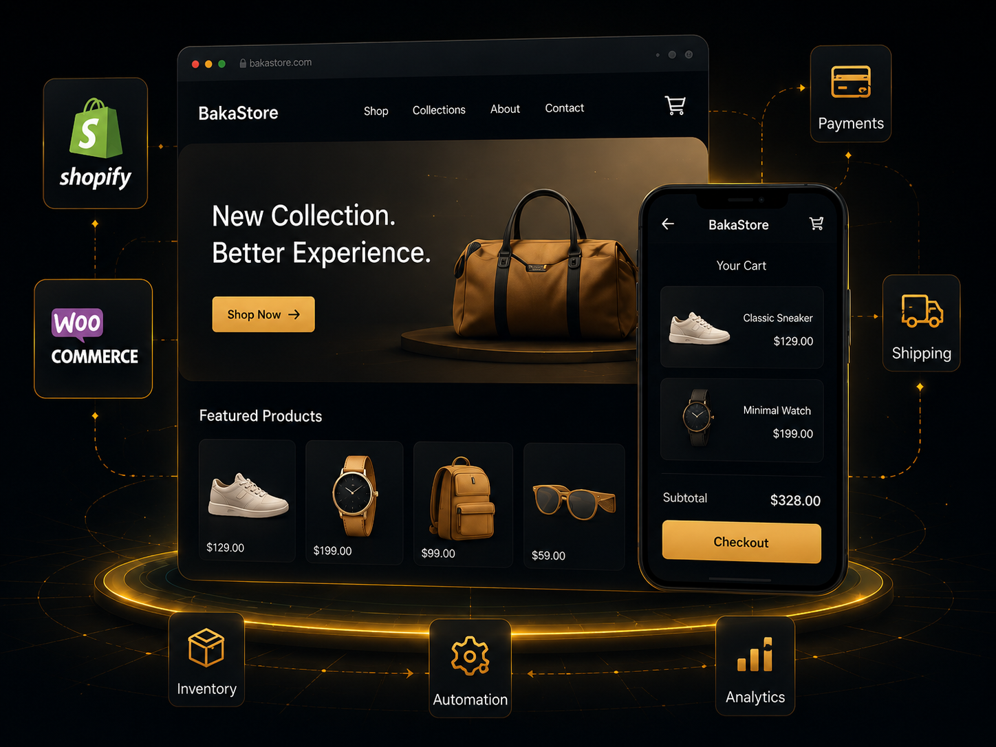A responsive BakaStore storefront connected to Shopify, WooCommerce, payments, shipping, inventory, automation, and analytics