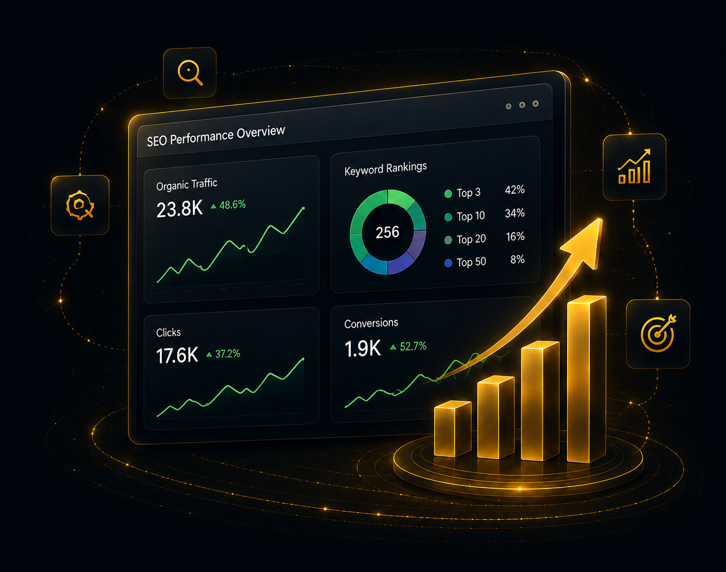 SEO performance dashboard showing rising organic traffic, keyword rankings, clicks, conversions, and business growth