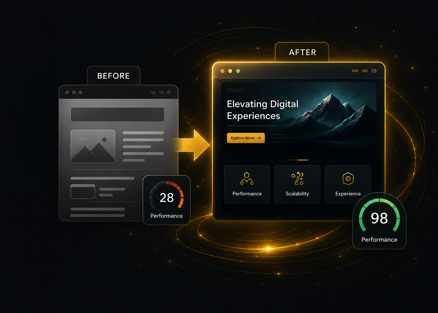 Website modernization before-and-after comparison showing improved performance, scalability, and user experience